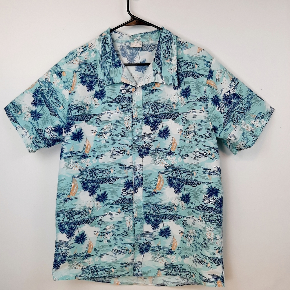 Tailor Pal Love Men's Hawaiian Shirt Islands and Sailboats Button Up Size XXL